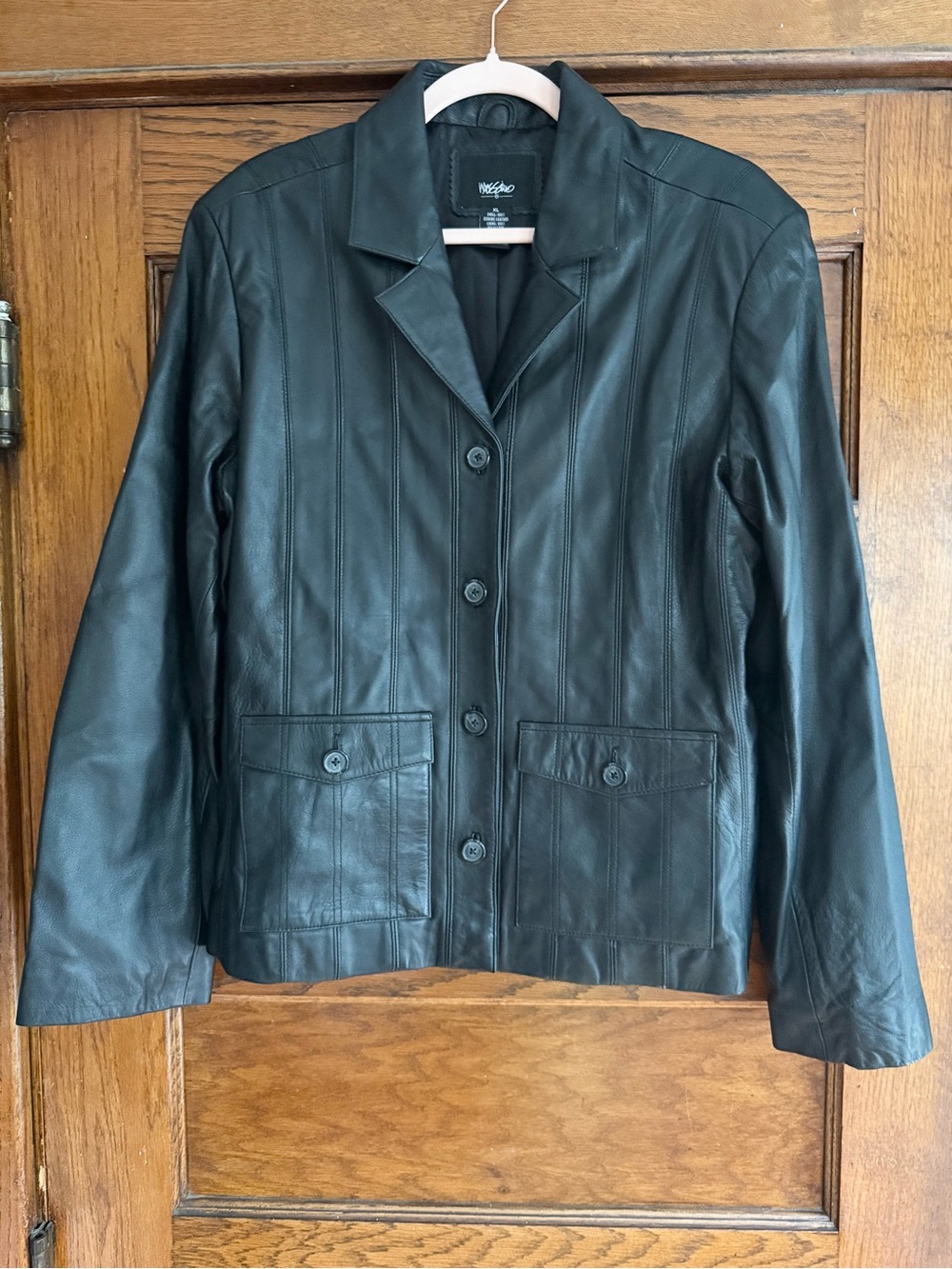 VINTAGE Y2K 100% Leather Button Down Jacket Blazer Black US XL